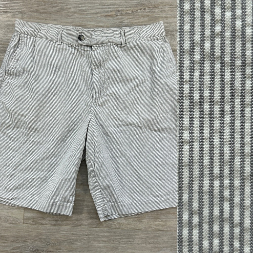 Lacoste Men's 36 (34) Seersucker Gray Stripe Cotton 10" Shorts Embroidered Logo
